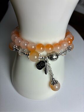 Orange Agate Beaded Charm Bracelet with Silver Accents - Women's Jewelry